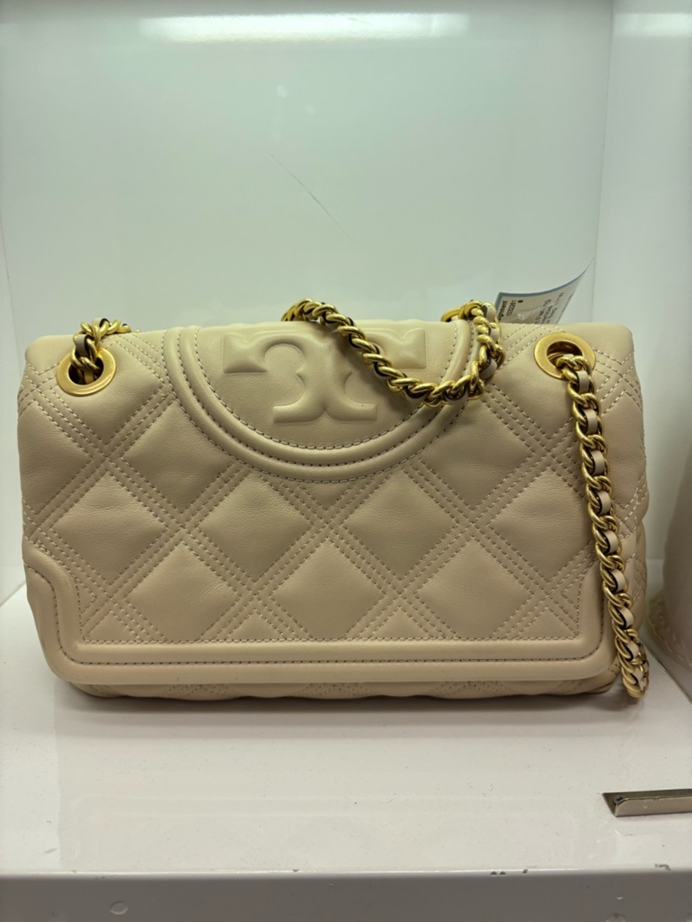 Tory Burch Fleming’ Cream Quilted Chain Shoulder Bag with Gold Hardware
